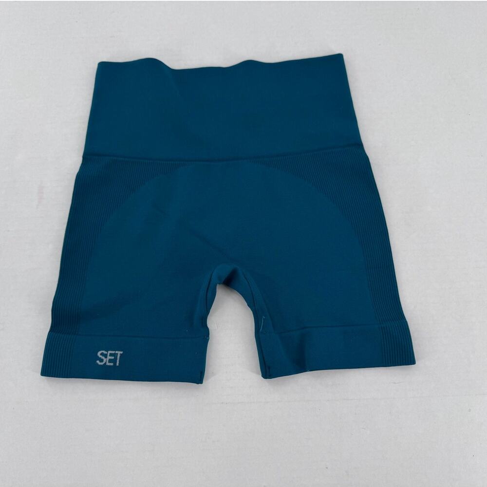 Set Active Seamless High Waisted Biker Shorts Blue XS Ribbed Compression Workout